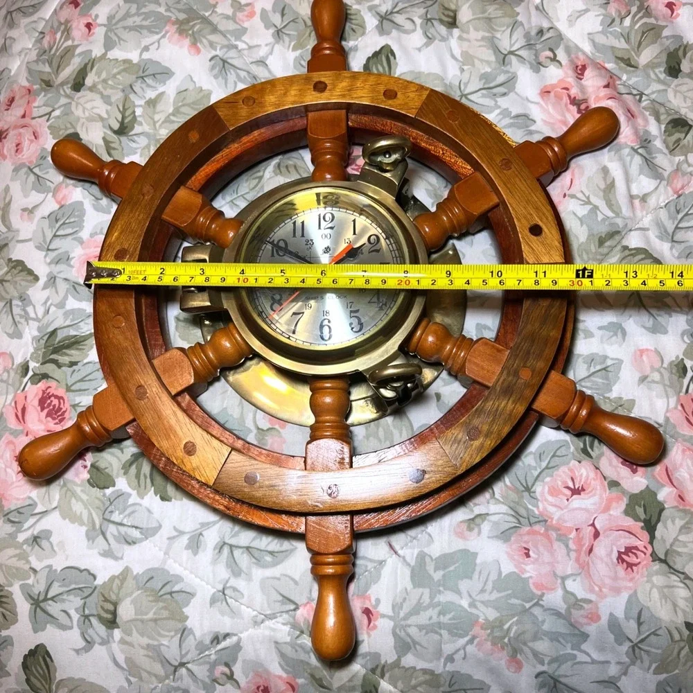 Vintage Nautical Ship Wheel Wall Clock Solid Brass Wood Porthole Untested 18.5in